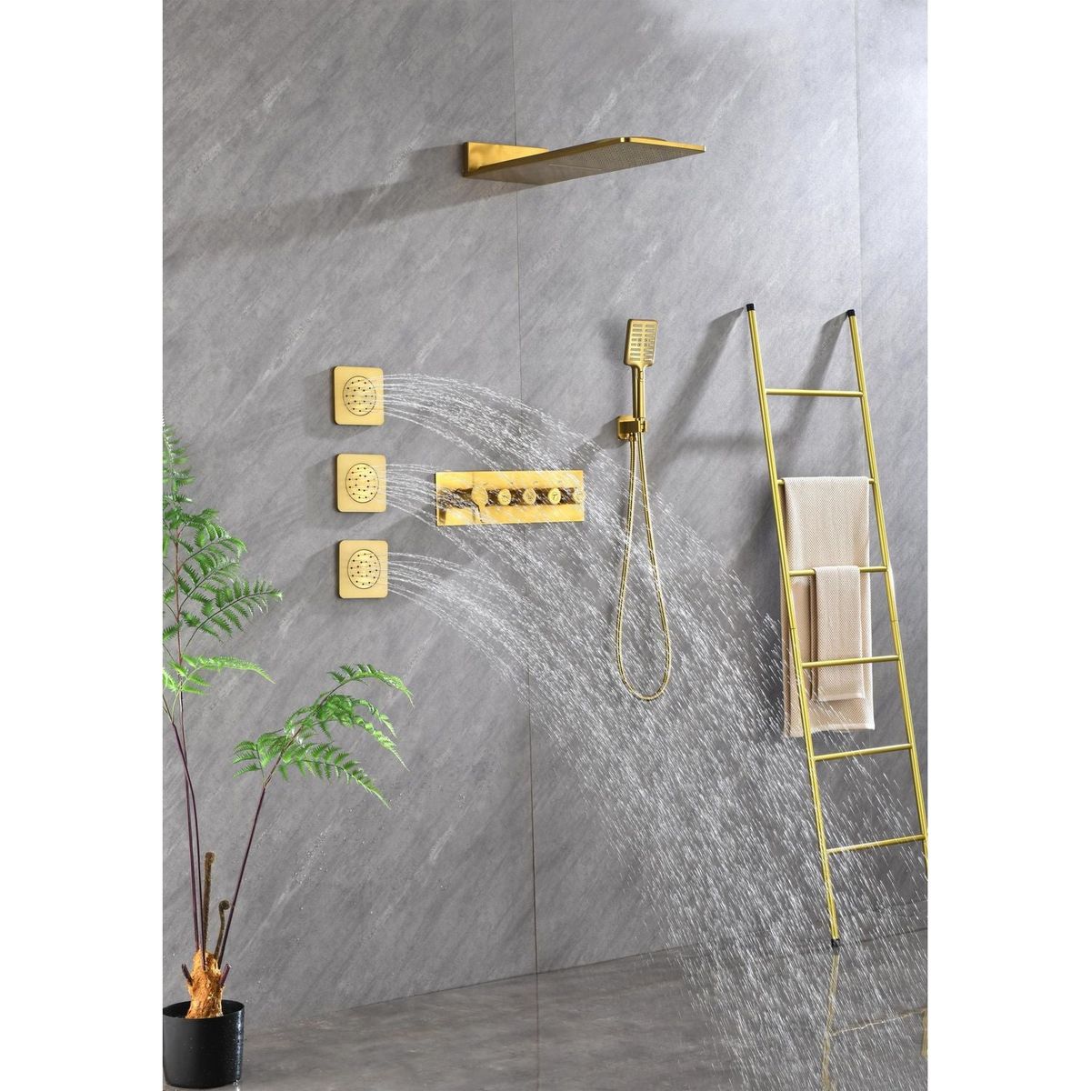 Wall Mounted Waterfall Rain Shower System With 3 Body Sprays & Handheld Shower