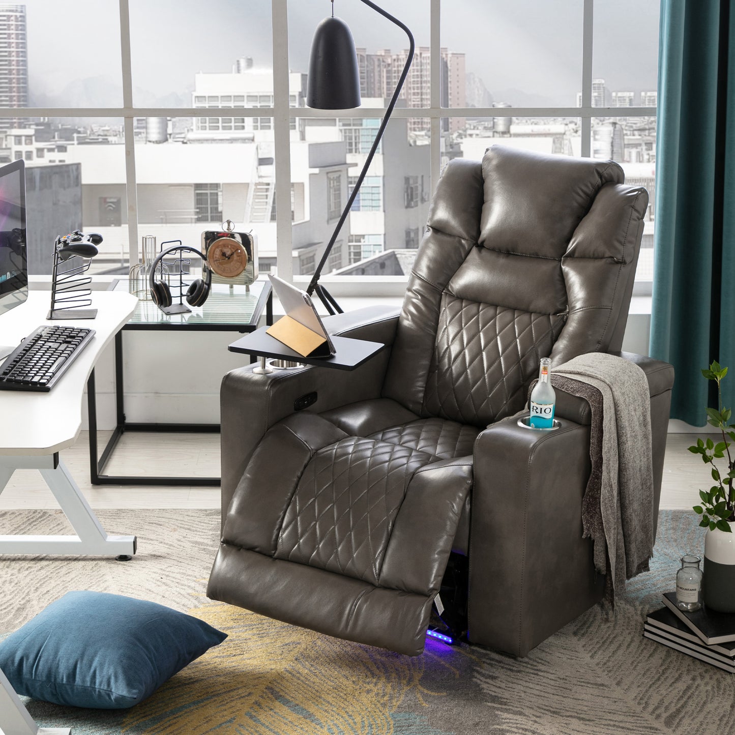 Power Motion Recliner with USB Charging Port and Hidden Arm Storage, Home Theater Seating with 2 Convenient Cup Holders Design and 360 degree Swivel Tray Table