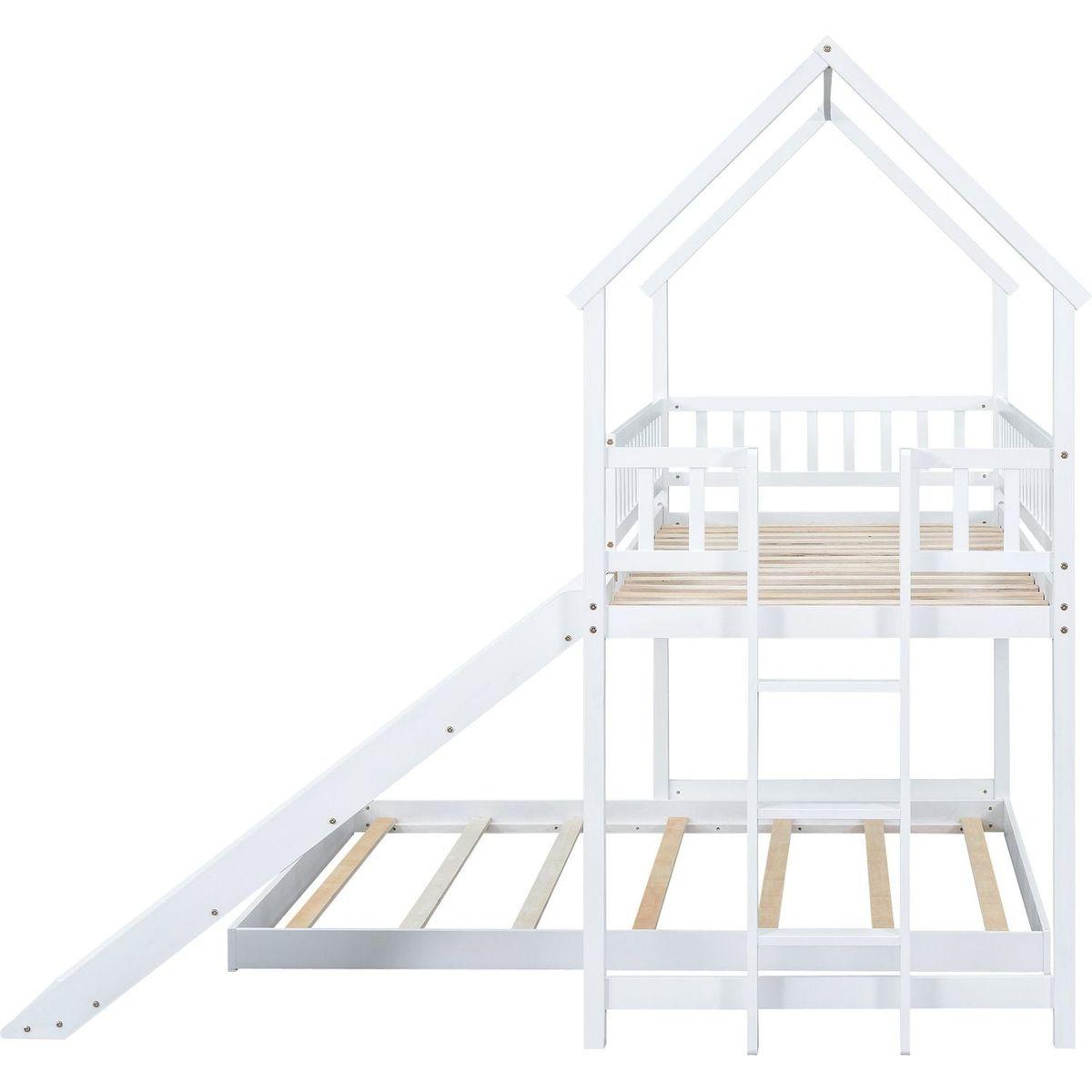 Twin over Full House Bunk Bed with Slide and Built-in Ladder, Full-Length Guardrail, White