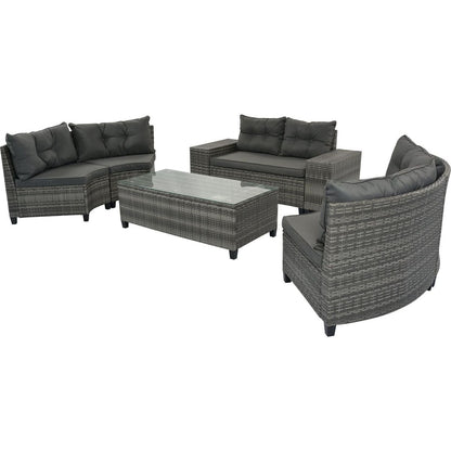 GO 8-pieces Outdoor Wicker Round Sofa Set, Half-Moon Sectional Sets All Weather, Curved Sofa Set With Rectangular Coffee Table, PE Rattan Water-resistant and UV Protected, Movable Cushion, Gray