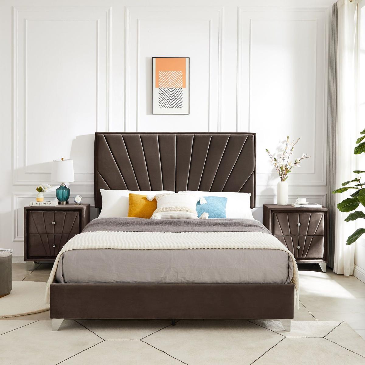 Full bed with one nightstand, Beautiful line stripe cushion headboard, strong wooden slats + metal legs with Electroplate