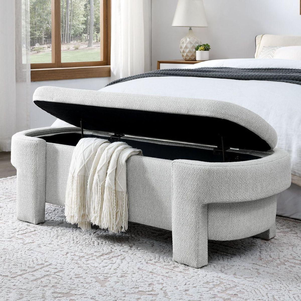 Linen Fabric Upholstered Bench with Large Storage Space for the Living Room, Entryway and Bedroom, White,(51.5"x20.5"x17") - Streamdale Furniture
