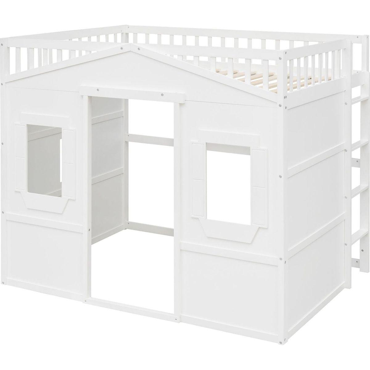 Full Size House Loft Bed With Ladder-White