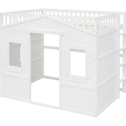 Full Size House Loft Bed With Ladder-White