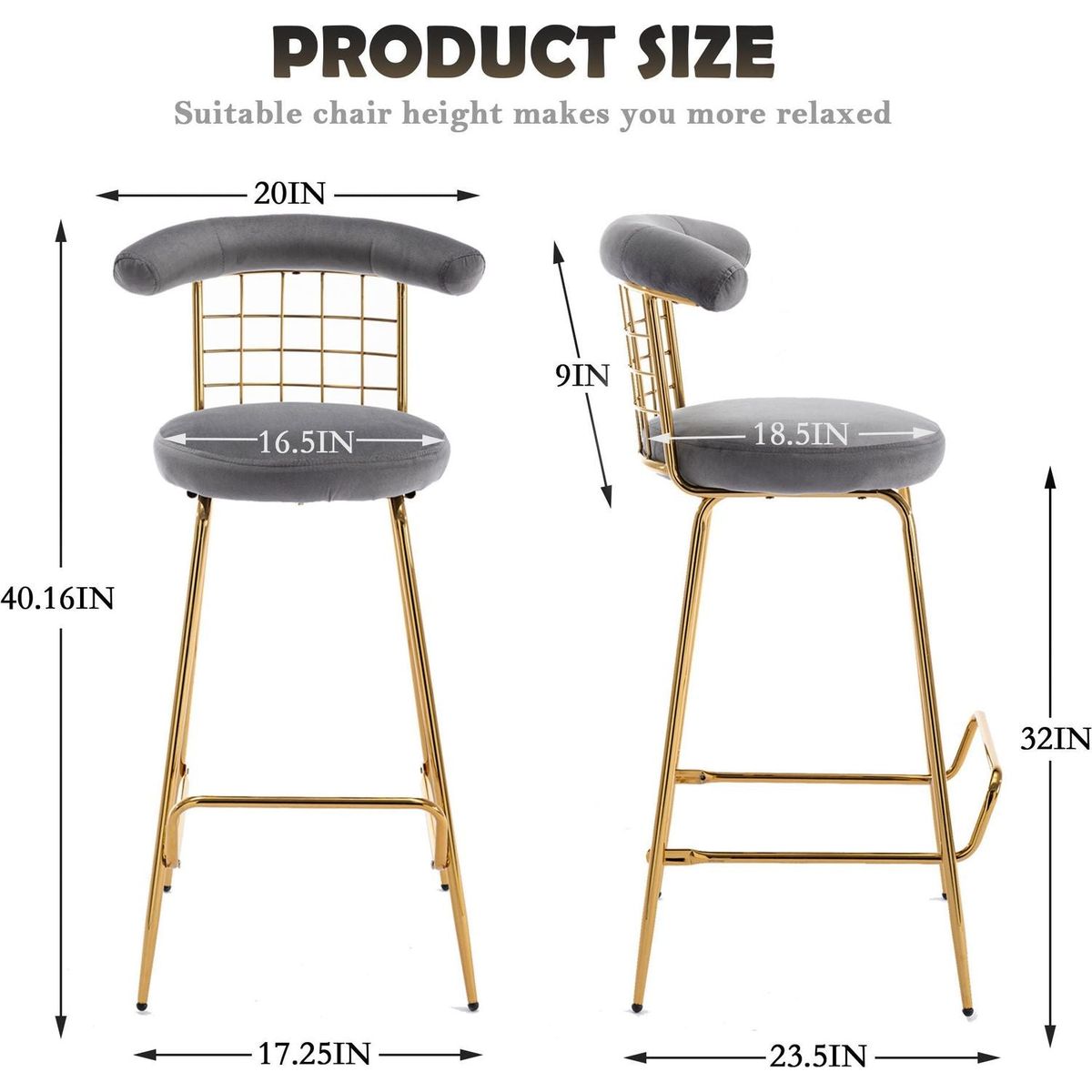 Bar Stool Set of 2, Luxury Velvet High Bar Stool with Metal Legs and Soft Back, Pub Stool Chairs Armless Modern Kitchen High Dining Chairs with Metal Legs, Grey