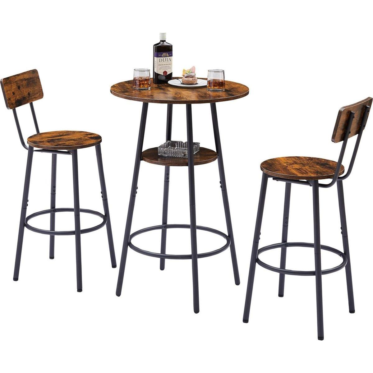 Round bar stool set with shelves, stool with backrest Rustic Brown, 23.6" Dia x 35.4" H - Streamdale Furniture