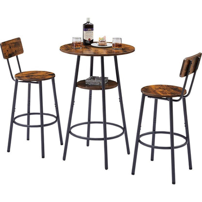 Round bar stool set with shelves, stool with backrest Rustic Brown, 23.6" Dia x 35.4" H - Streamdale Furniture