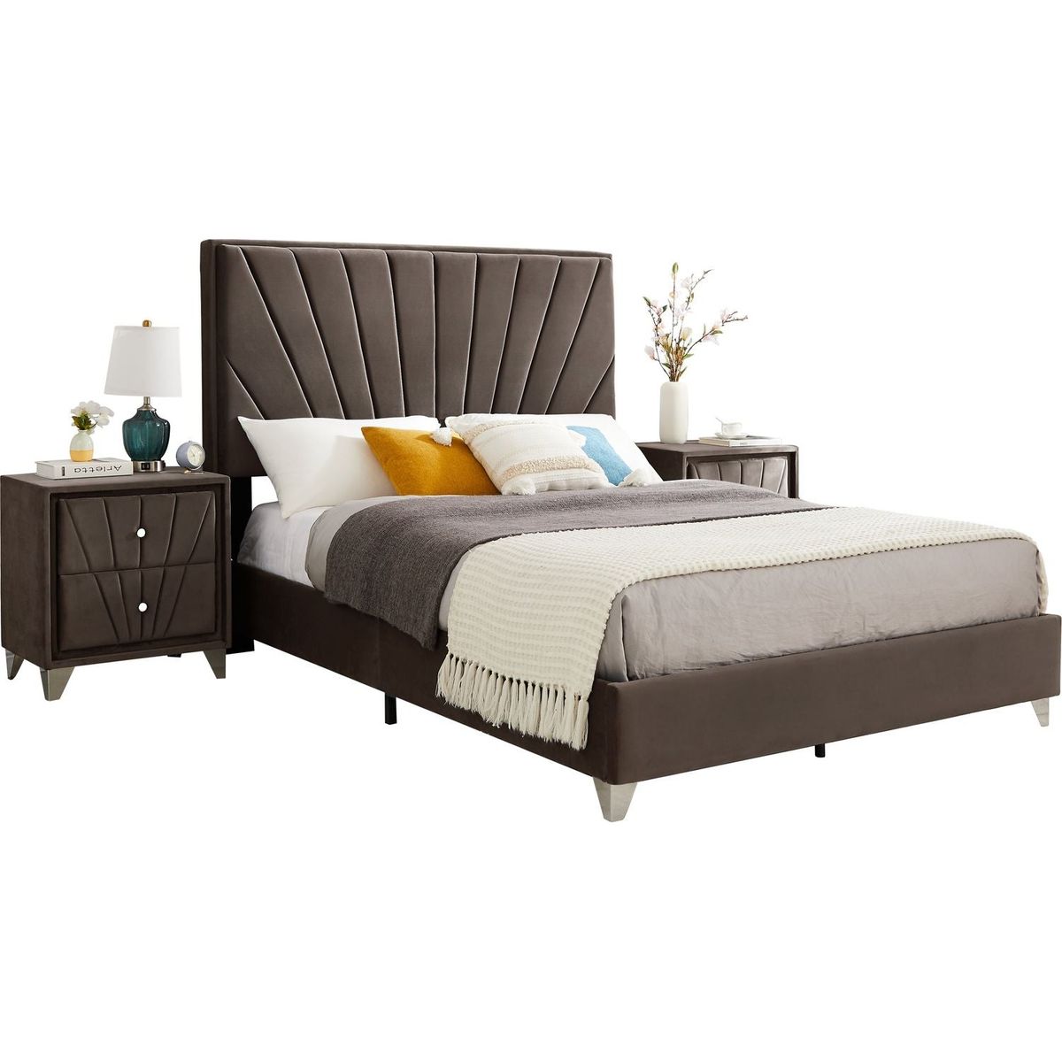 Full bed with one nightstand, Beautiful line stripe cushion headboard, strong wooden slats + metal legs with Electroplate