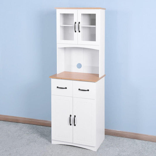 Wooden Kitchen Cabinet White Pantry Room Storage Microwave Cabinet with Framed Glass Doors and Drawer