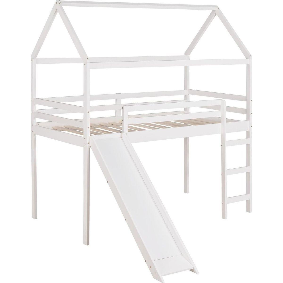 Twin Loft Bed with Slide, House Bed with Slide, White