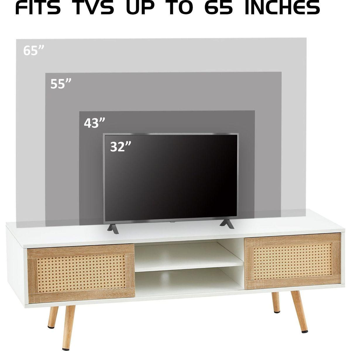 55.12" Rattan TV cabinet, double sliding doors for storage, adjustable shelf, solid wood legs, TV console for living room, White