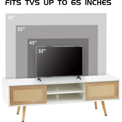 55.12" Rattan TV cabinet, double sliding doors for storage, adjustable shelf, solid wood legs, TV console for living room, White