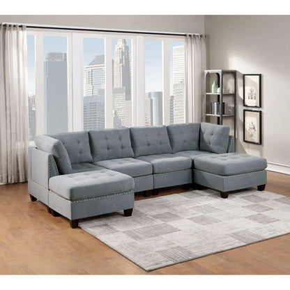 Modular Sectional 6pc Set Living Room Furniture U-Sectional Tufted Nail heads Couch Gray Linen Like Fabric 2x Corner Wedge 2x Armless Chairs and 2x Ottomans