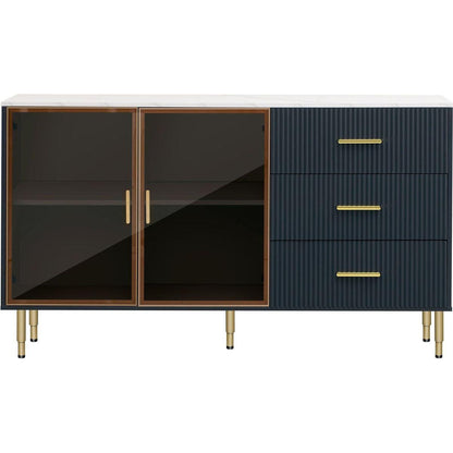 Modern Sideboard MDF Buffet Cabinet Marble Sticker Tabletop and Amber-yellow Tempered Glass Doors with Gold Metal Legs & Handles (Navy Blue)