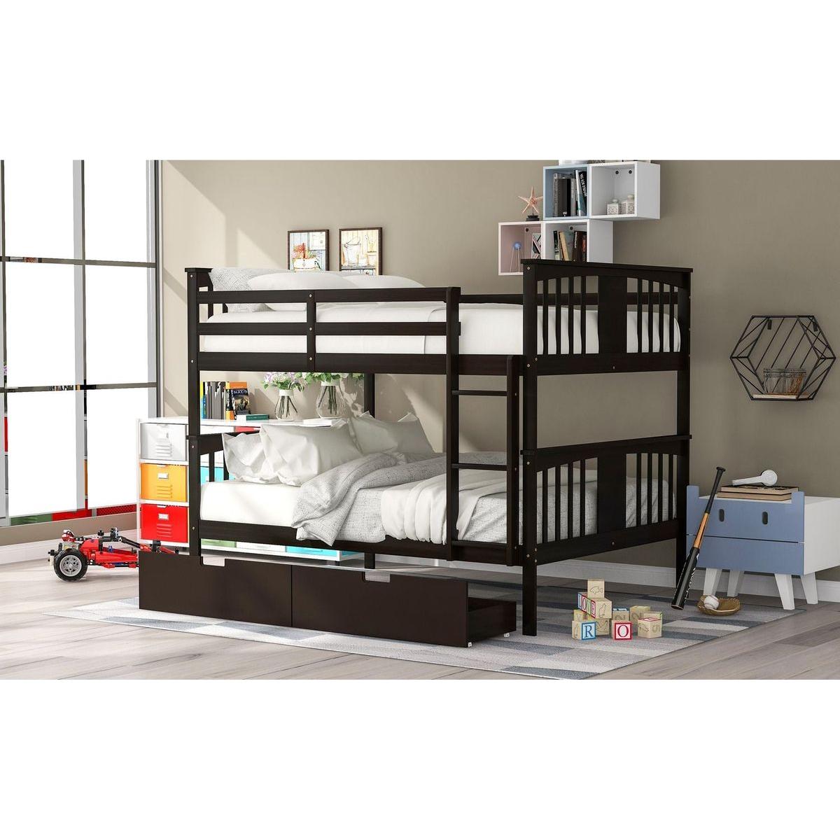 Full over Full Bunk Bed with Drawers and Ladder for Bedroom, Guest Room Furniture-Espresso