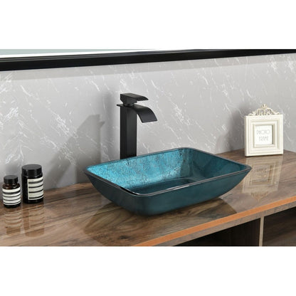 18.125" L -13.0" W -12.0" H Handmade Countertop Glass Rectangular Vessel Bathroom Sink Set in Blue Glass with Matte Black Single-Handle Single Hole Faucet and Pop Up Drain