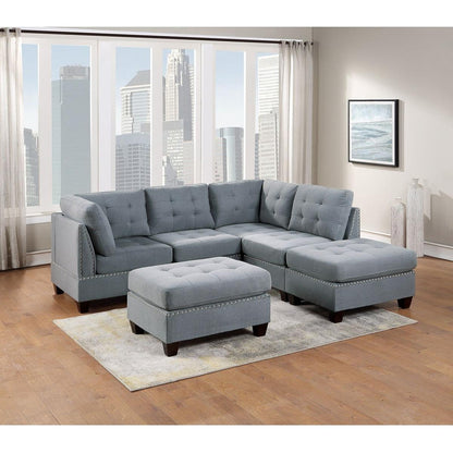 Modular Sectional 6pc Set Living Room Furniture L-Sectional Gray Linen Like Fabric Tufted Nail heads 2x Corner Wedge 2x Armless Chairs and 2x Ottomans