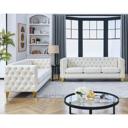 Velvet Sofa for Living Room,Buttons Tufted Square Arm Couch, Modern Couch Upholstered Button and Metal Legs, Sofa Couch for Bedroom, Beige Velvet, 2PCS