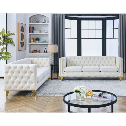 Velvet Sofa for Living Room,Buttons Tufted Square Arm Couch, Modern Couch Upholstered Button and Metal Legs, Sofa Couch for Bedroom, Beige Velvet, 2PCS
