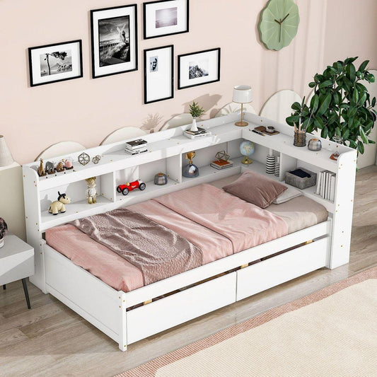 Twin Bed with L-shaped Bookcases,Drawers, White
