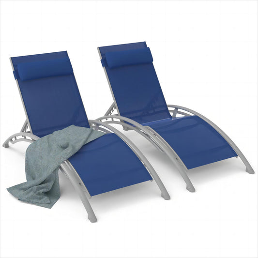 Outdoor Chaise Lounge Set of 2 Patio Recliner Chairs with Adjustable Backrest and Removable Pillow for Indoor&Outdoor Beach Pool Sunbathing Lawn (Blue, 2 Lounge Chair)