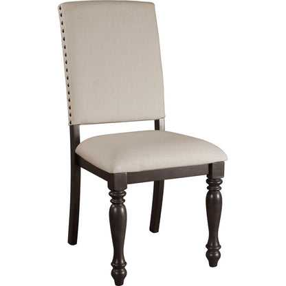 Fabric Upholstery Side Chairs 2pc Set Grayish Brown Finish Wood Frame Nailhead Trim Turned Legs Dining Furniture