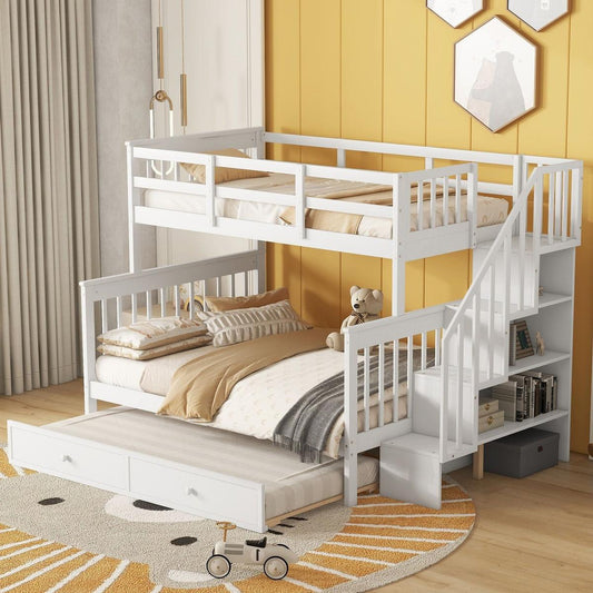 Twin-Over-Full Bunk Bed with Twin size Trundle, Storage and Guard Rail for Bedroom, Dorm, for Adults, White