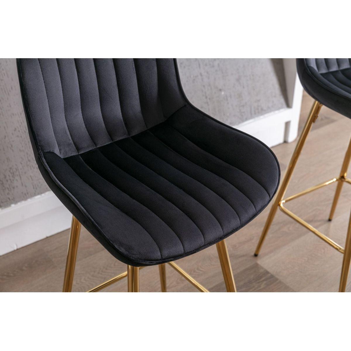 26 Inch Set of 2 Bar Stools, with Chrome Footrest Velvet Fabric Counter Stool Golden Leg Simple Bar Stool, BLACK