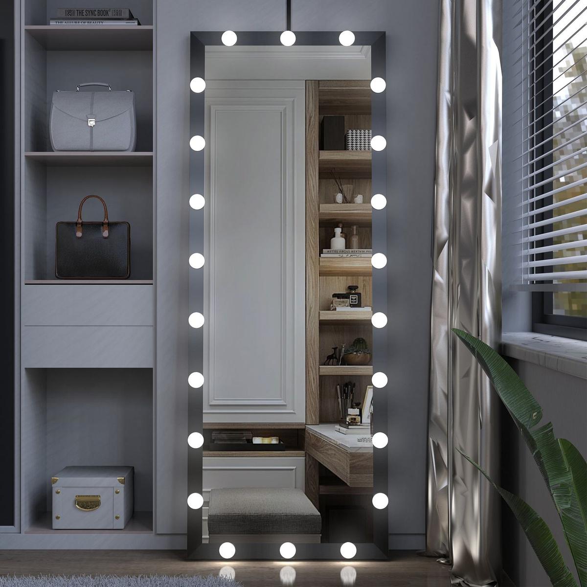 Hollywood Full Length Mirror with Lights Full Body Vanity Mirror with 3 Color Modes Lighted Standing Floor Mirror for Dressing Room Bedroom Wall Mounted Touch Control Black 63x24inch - Streamdale Furniture