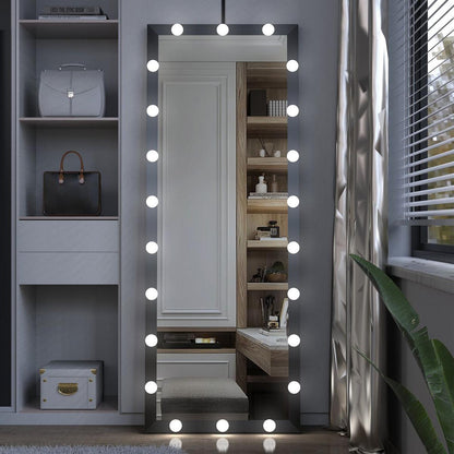 Hollywood Full Length Mirror with Lights Full Body Vanity Mirror with 3 Color Modes Lighted Standing Floor Mirror for Dressing Room Bedroom Wall Mounted Touch Control Black 63x24inch - Streamdale Furniture