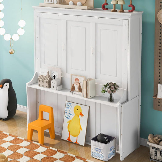 Queen Size Murphy Bed with a Shelf, White