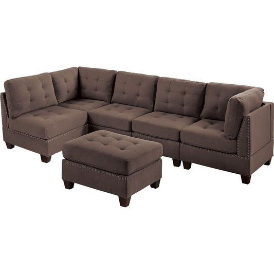 Contemporary Modular Sectional 6pc Set Living Room Furniture Corner Sectional Black Coffee Linen Like Fabric Tufted Nail heads 2x Corner Wedge 2x Armless Chair and 1x Ottoman