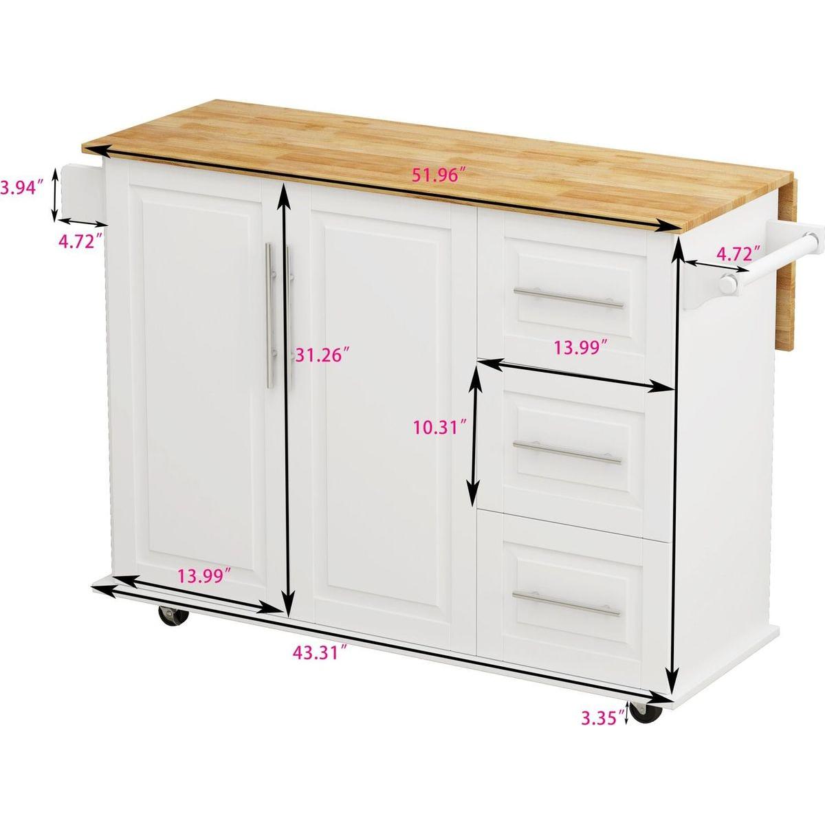 Kitchen Island Cart with 2 Door Cabinet and Three Drawers, 43.31 Inch Width with Spice Rack, Towel Rack (White)