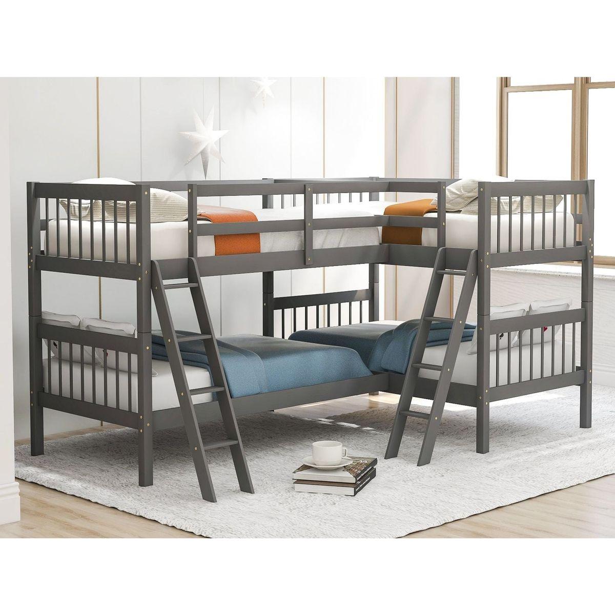 L-Shaped Bunk Bed with Ladder,Twin Size-Gray
