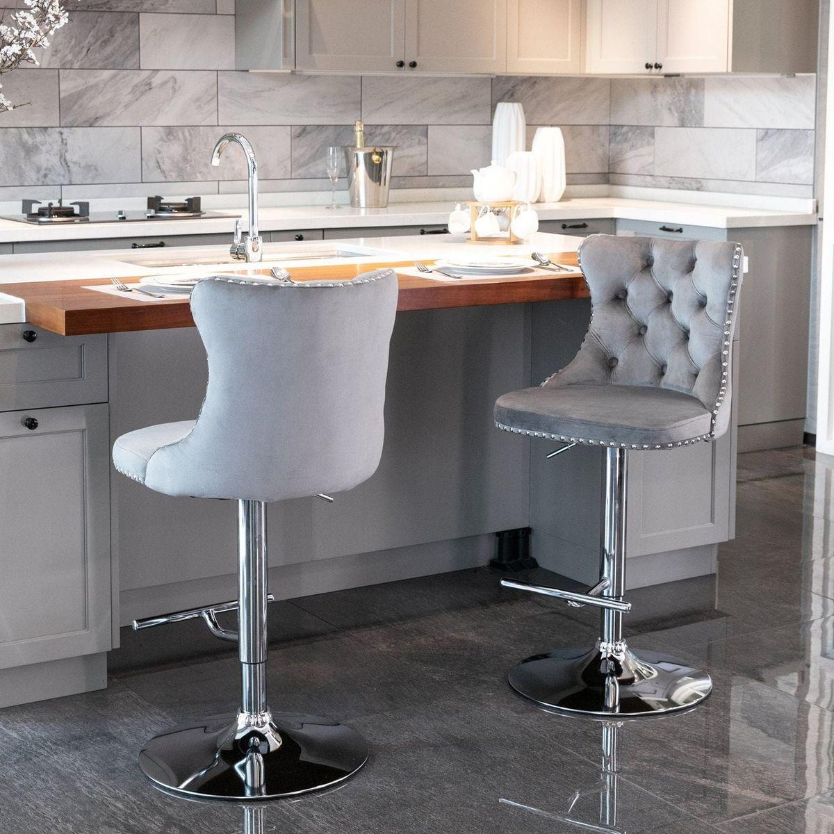 Swivel Velvet Barstools Adjusatble Seat Height from 25-33 Inch, Modern Upholstered Chrome base Bar Stools with Backs Comfortable Tufted for Home Pub and Kitchen IslandGray, Set of 2)