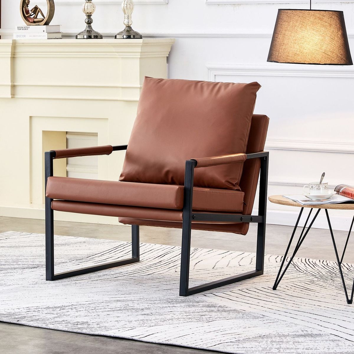 PU Leather Accent Arm Chair Mid Century Modern Upholstered Armchair with Metal Frame Extra-Thick Padded Backrest and Seat Cushion Sofa Chairs for Living Room (Brown PU Leather + Metal Frame + Foam)