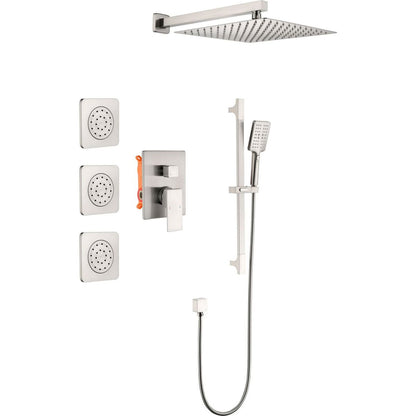 Shower System with Shower Head, Hand Shower, Slide Bar, Bodysprays, Shower Arm, Hose, Valve Trim, and Lever Handles