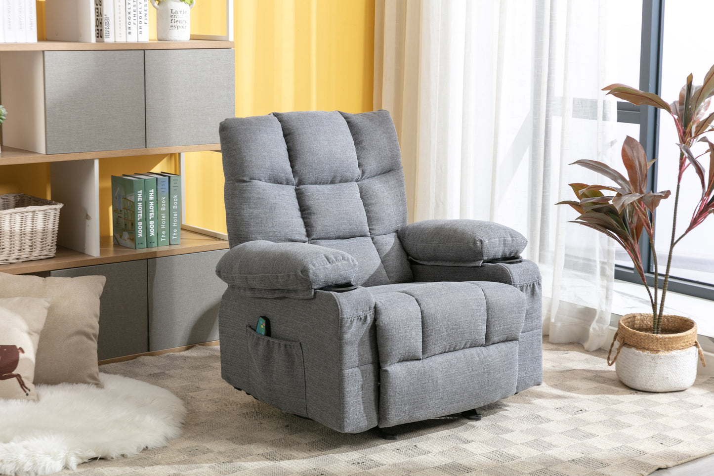 Recliner Chair Massage Heating sofa with USB and side pocket, 2 Cup Holders (Grey)