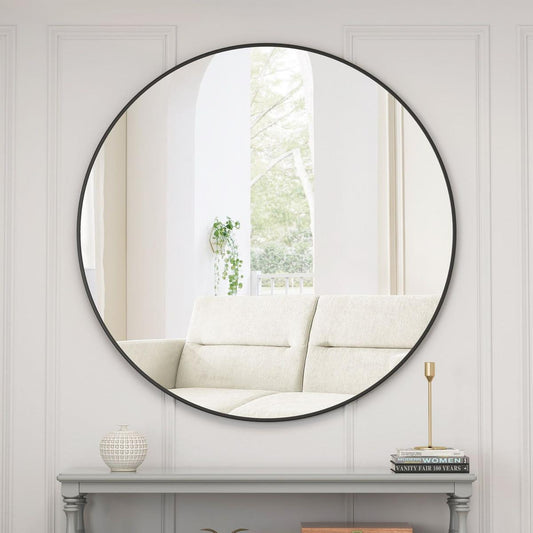 48" Wall Mounted Black Circular Mirror, for Bathroom, Living Room, Bedroom Wall Decor