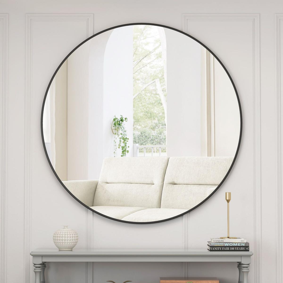 39" Wall Mounted Black Circular Mirror, for Bathroom, Living Room, Bedroom Wall Decor