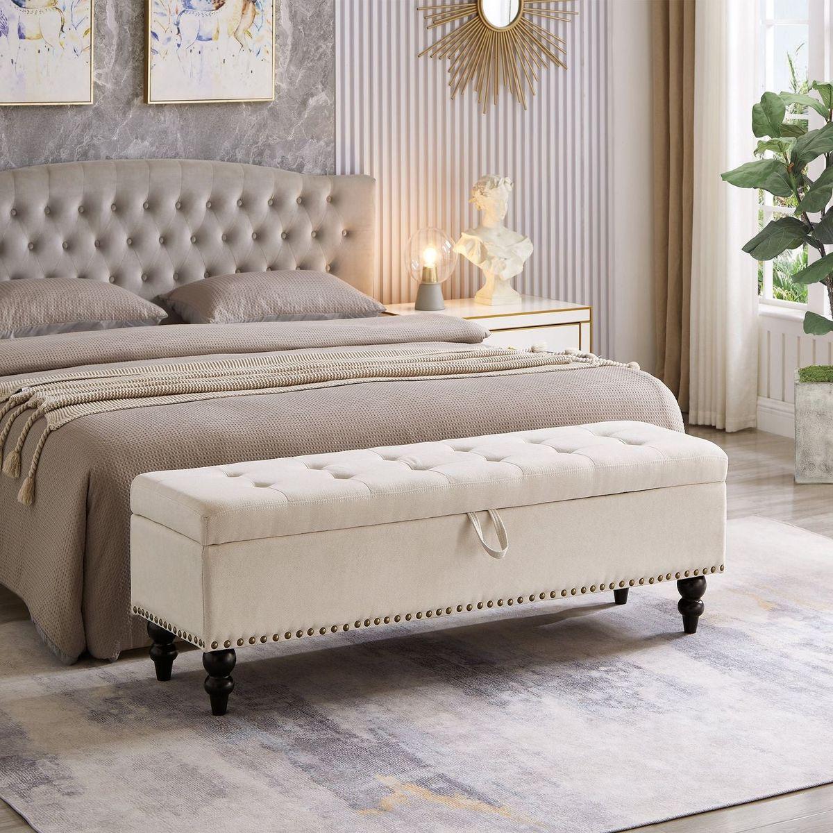 59" Bed Bench Ottoman with Storage Beige Fabric