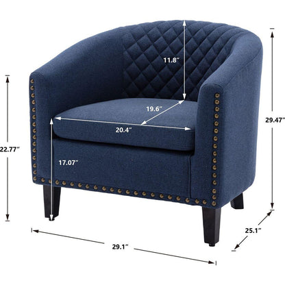 accent Barrel chair living room chair with nailheads and solid wood legs Black Navy Linen