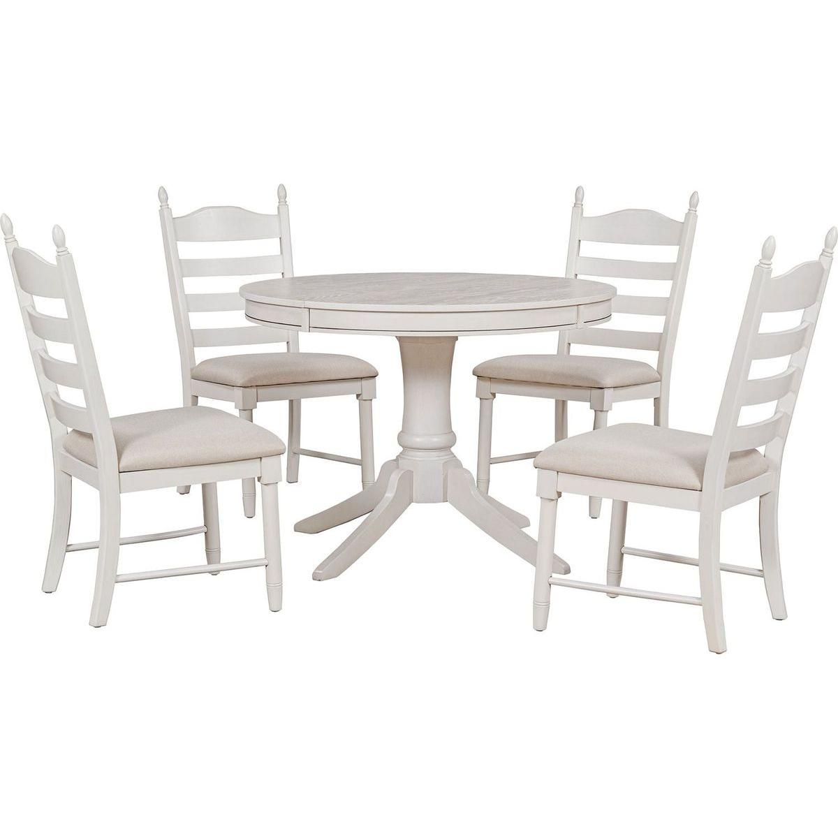 5-Piece Retro Functional Dining Table Set Wood Round Extendable Dining Table and 4 Upholstered Dining Chairs (Antique White) - Streamdale Furniture