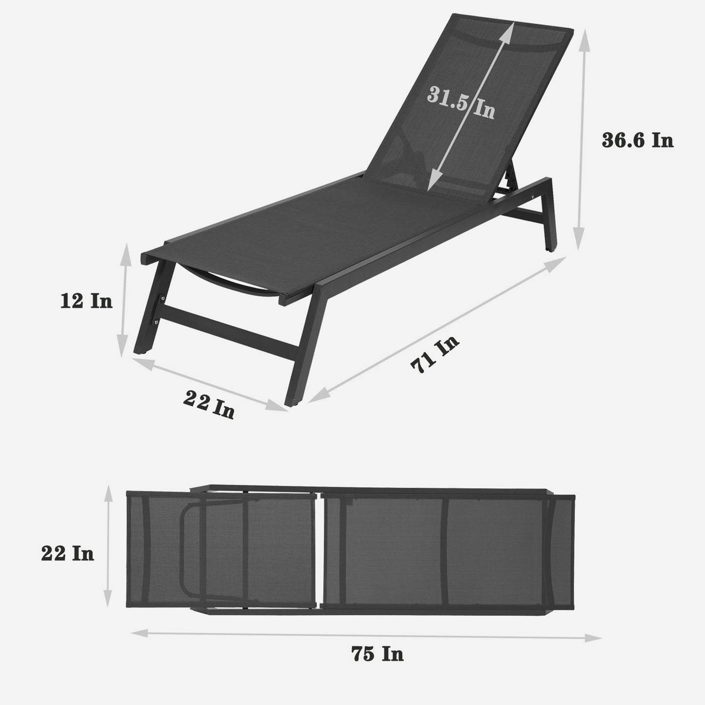 Outdoor 2-Pcs Set Chaise Lounge Chairs, Five-Position Adjustable Aluminum Recliner, All Weather for Patio, Beach, Yard, Pool (Grey Frame/ Black fabric)