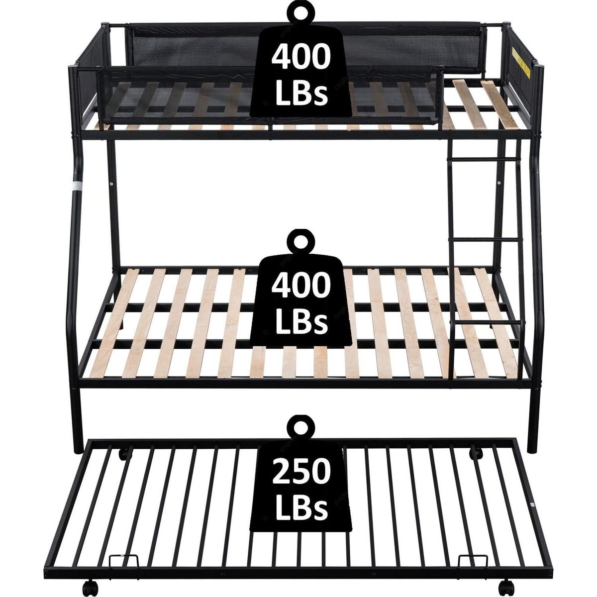 Twin over Full Metal Bunk Bed with Trundle (Wood Slat and Textilene Guardrail)