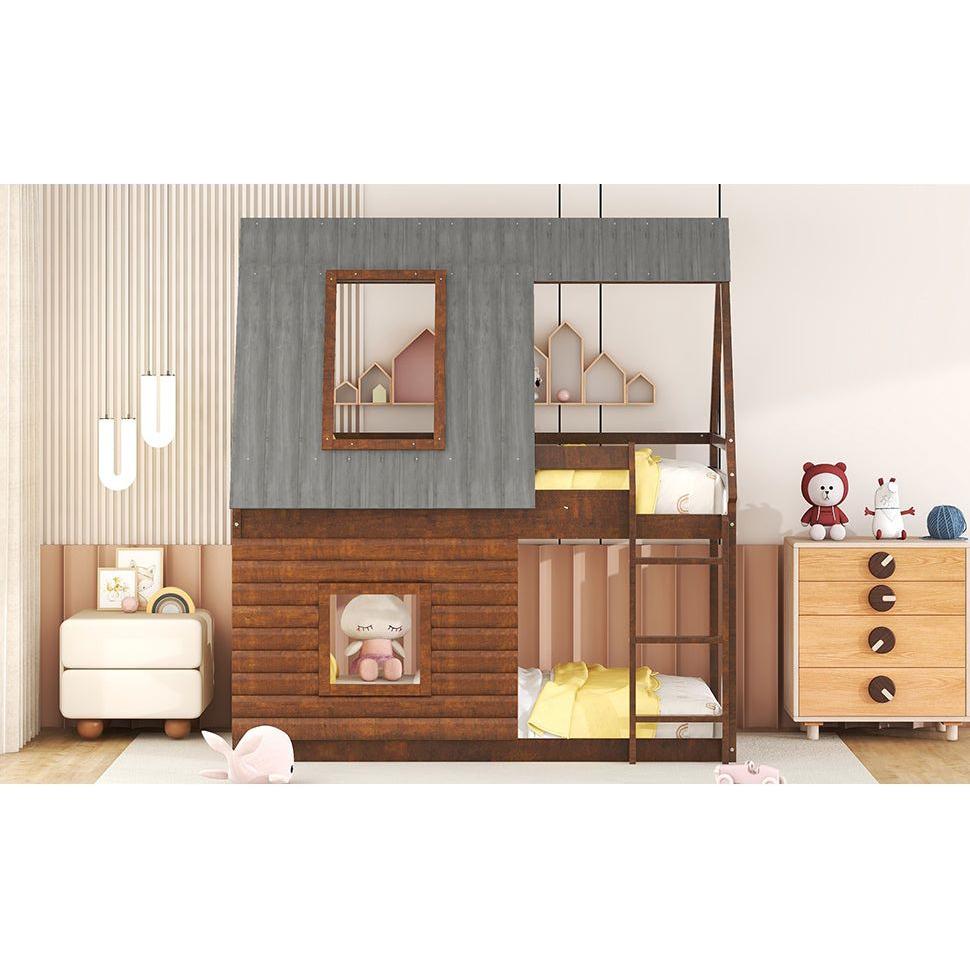 Wood Twin Size House Bunk Bed with Roof, Ladder and 2 Windows, Oak & Smoky Grey