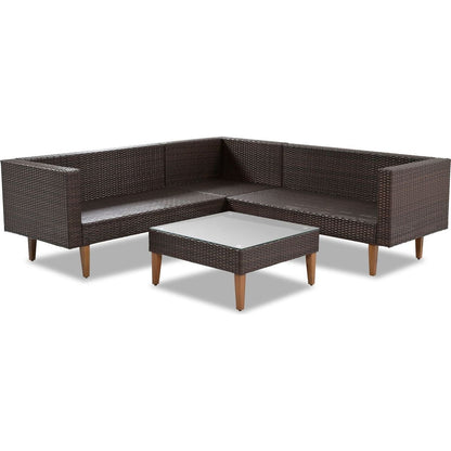 GO 4-pieces Outdoor Wicker Sofa Set, Patio Furniture with Colorful Pillows, L-shape sofa set, Beige cushions and Brown Rattan