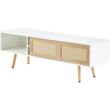 55.12" Rattan TV cabinet, double sliding doors for storage, adjustable shelf, solid wood legs, TV console for living room, White
