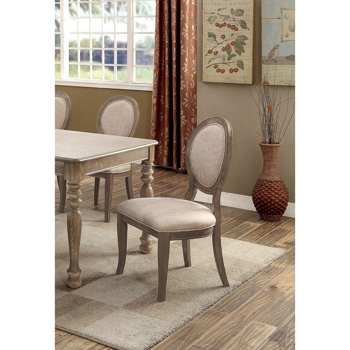 Transitional Rustic Oak and Beige Side Chairs Set of 2 Chairs Dining Room Furniture Padded fabric seat Elegant Kitchen Dining Room