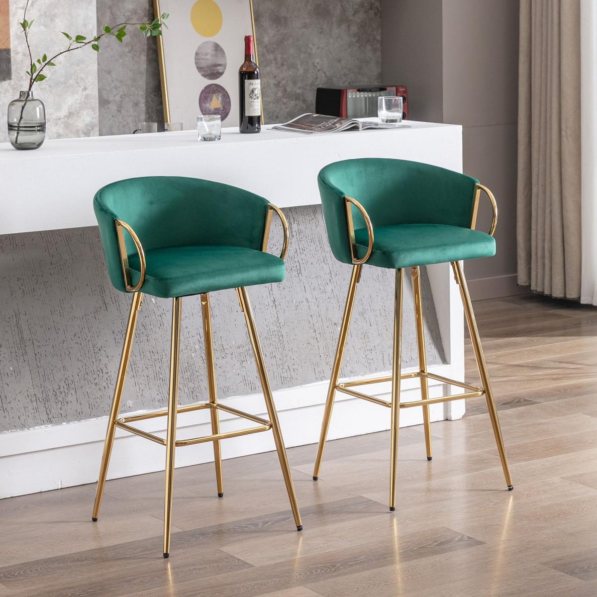26 Inch Set of 2 Bar Stools, with Chrome Footrest and Base Velvet + Golden Leg Simple Bar Stool, GREEN